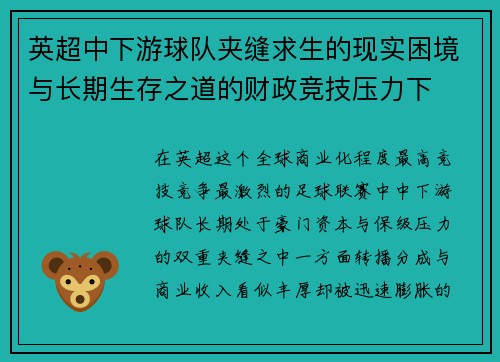 英超中下游球队夹缝求生的现实困境与长期生存之道的财政竞技压力下 英超中下游球队夹缝求生的现实困境与长期生存之道的财政竞技压力下